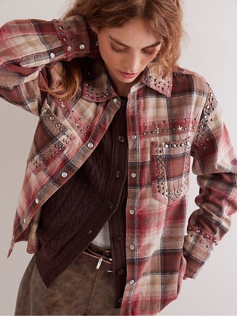We The Free Marfa Red and Brown Studded Plaid Button-Down Shirt